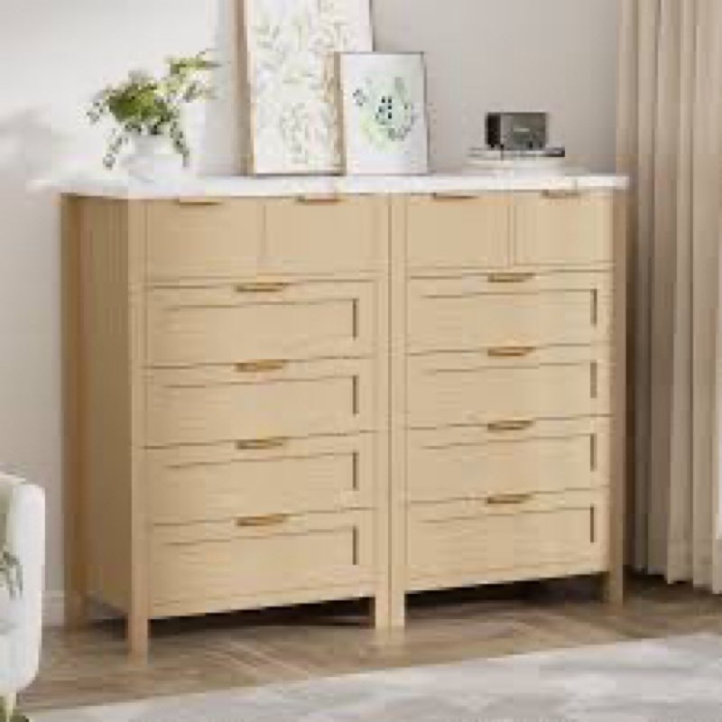 Set of 2 – 6-Drawer Dressers with White Faux Marble Tops & Natural Wood Finish – Modern Storage Cabinets for Bedroom, Living Room, or Entryway