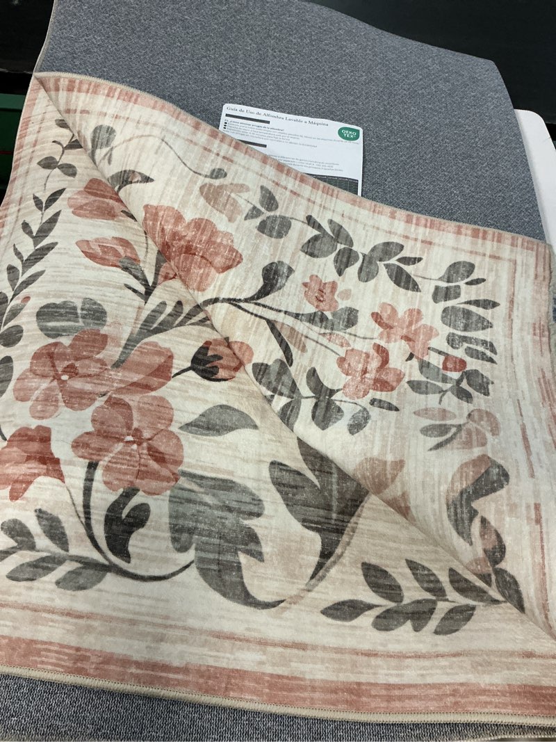 Condition photo showing As Is for 5x7 area rugs washable rug: boho living room rug soft non-slip low pile carpet indoor floor non-shedding neutral floral carpets for bedroom dining room farmhouse nursery pink pink 5' x 7' (rectangular)