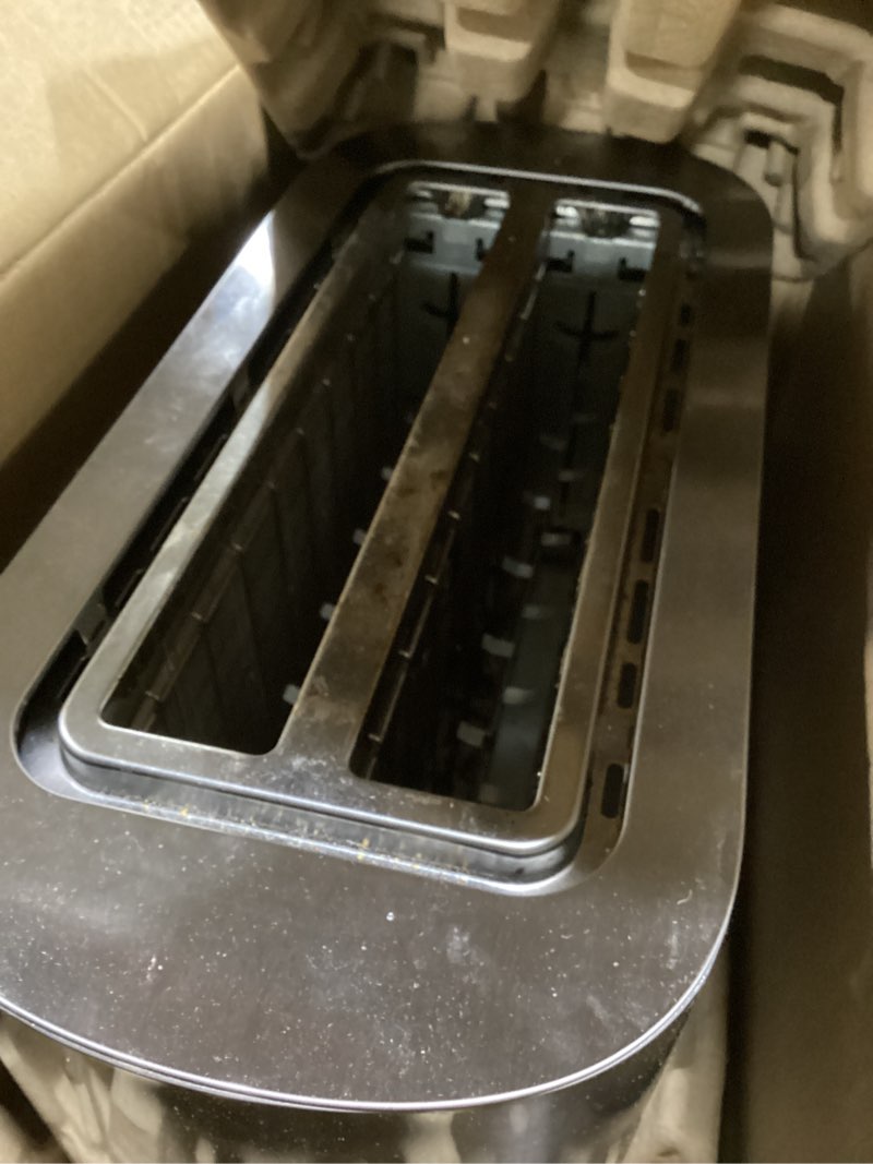 Condition photo showing As Is for Elite Gourmet ECT4123 Long Slot 4 Slice Toaster, Extra Wide 1.5" and 5.1" Deep Slots, Bagel, Defrost & Cancel Functions, 6 Toast Shade Settings, Fits Bagels, Waffles, Artisan Breads, Stainless Steel 4 Slice Stainless Steel