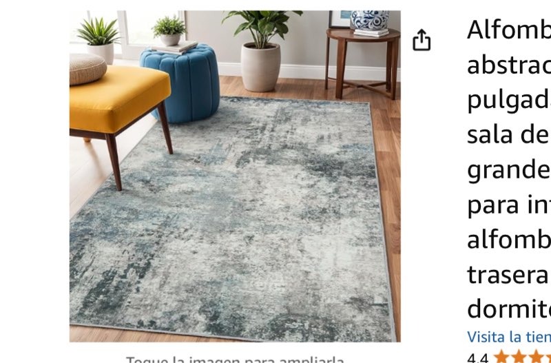 Protectores›Alfombras Logo de Amazon Prime Disfruta de entrega rápida y gratis, ofertas exclusivas, además de películas y programas de TV galardonados. Únete a Prime US$29.99 Recibe entrega rápida y GRATIS con Amazon Prime Entrega GRATIS el martes, 16 de septiembre en pedidos enviados por Amazon de más de $35 O los miembros Prime reciben entrega GRATIS el sábado, 13 de septiembre. Realiza el pedido en 13 hrs 35 mins. Únete a Prime Entrega en Florence 41042 - Actualizar ubicación Disponible Cantidad: Cantidad:1   Agregar al Carrito   Comprar ahora Enviado por Amazon Vendido por RUGS HOME US Direct Devoluciones Reembolso o reemplazo GRATIS por 30 días Empaque Se envía sin empaque adicional de Amazon Ver más Agregar un recibo de regalo para facilitar las devoluciones Agregar a la Lista  Alfombra de área abstracta lavable de 3 x 5 pulgadas, alfombra para sala de estar, alfombra grande antideslizante para interiores y entrada, alfombra con parte trasera de goma, para dormitorio, Toque la imagen para ampliarla                  4+    Alfombra de área abstracta lavable de 3 x 5 pulgadas, alfombra para sala de estar, alfombra grande antideslizante para interiores y entrada, alfombra con parte trasera de goma