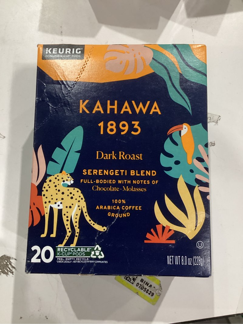 Condition photo showing item condition for Kahawa 1893 Dark Roast Coffee K-Cup Pods Serengeti Blend (20 Count) - As Seen on Shark Tank, Low Acid, High Antioxidants, Naturally Sweet, Organically Grown, Ethically & Sustainably Sourced Dark Roast 20 Count (Pack of 1)