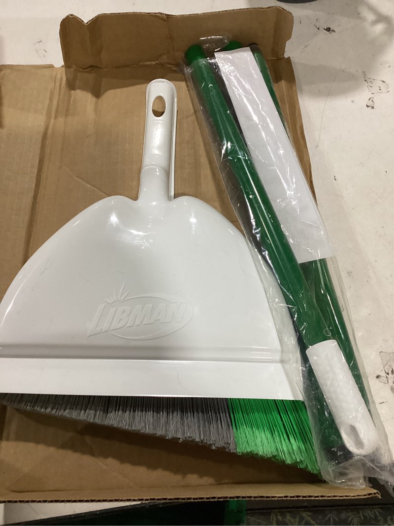 Condition photo showing New/Like New for libman flextech broom with dustpan combo set for sweeping indoor and outdoor floors, pet, dog hair broom, 55” precision angle broom, 3 piece handle, 11" wide, 10.25" wide dust pan
