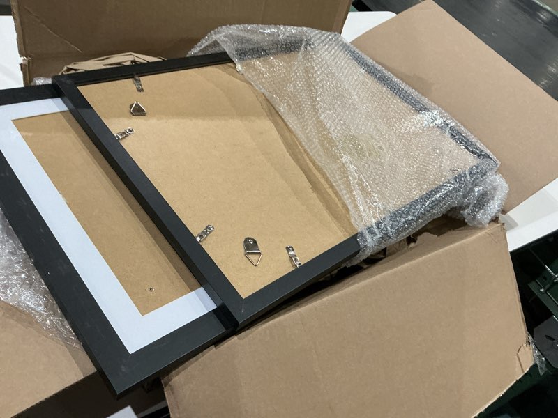 Condition photo showing As Is for irahmen 14x20 picture frame set of 2 with plexiglass, black poster frame display 12x18 picture with mat or 14 x 20 without mat, wood photo frame for horizontal or vertical wall mounting pure black 14x20