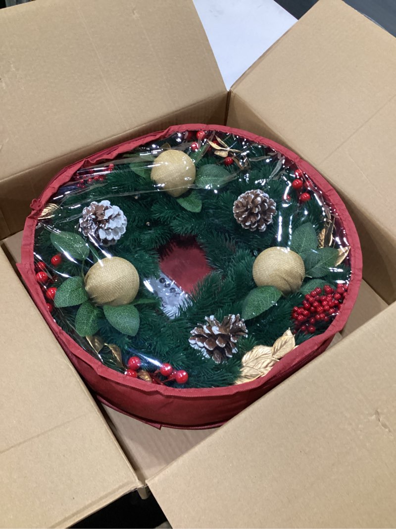 Condition photo showing New/Like New for christmas wreath with 40 led lights,18 inch pre-lit artificial christmas wreaths for front door with pinecones red berries ball ornaments, christmas decorations for indoor & outdoor use