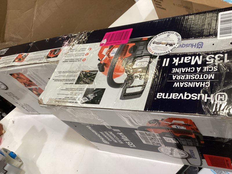 Condition photo showing As Is for husqvarna 135 mark ii gas powered chainsaw, 38-cc 2.1-hp, 2-cycle x-torq engine, 16 inch chainsaw wi
