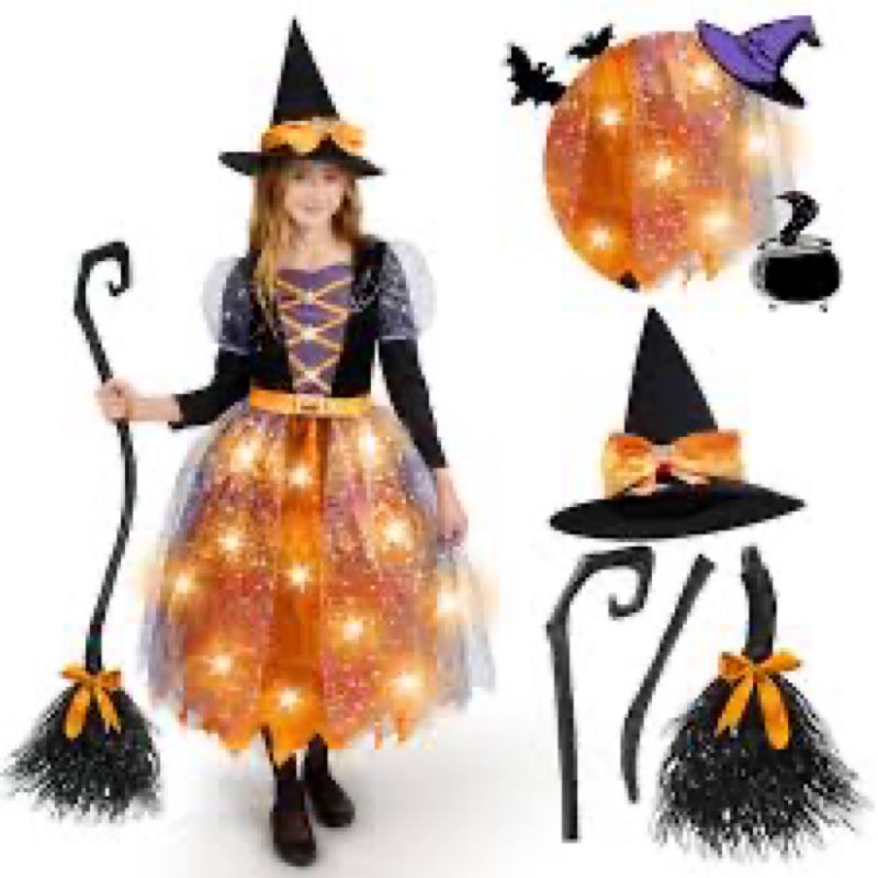 Spooktacular Creations Girls Light Up Witch Costume, Kids Witch Costume with Hat and Broom for Toddl