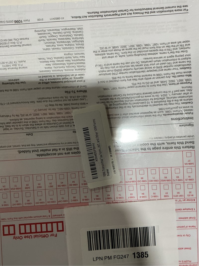 Condition photo showing Good Condition for 1096 Transmittal Tax Forms 2025. 10 Pack Laser 1096 Transmittal Summary Tax Forms 2025 Compatible with QuickBooks and Accounting Software, Use for 1099 NEC, MISC, INT, and Other 1099 Forms