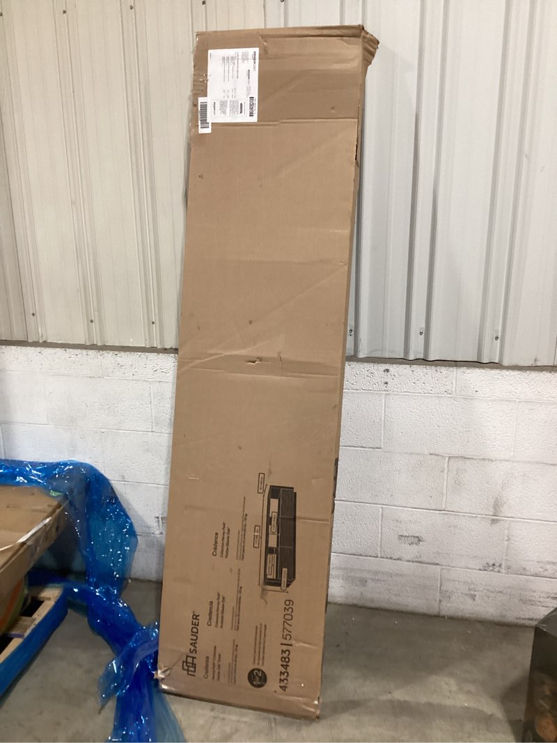 Condition photo showing New/Like New for Sauder Harvey Park Modern TV Stand Media Console Credenza with Drawers and Storage Shelves, in Glacier Oak