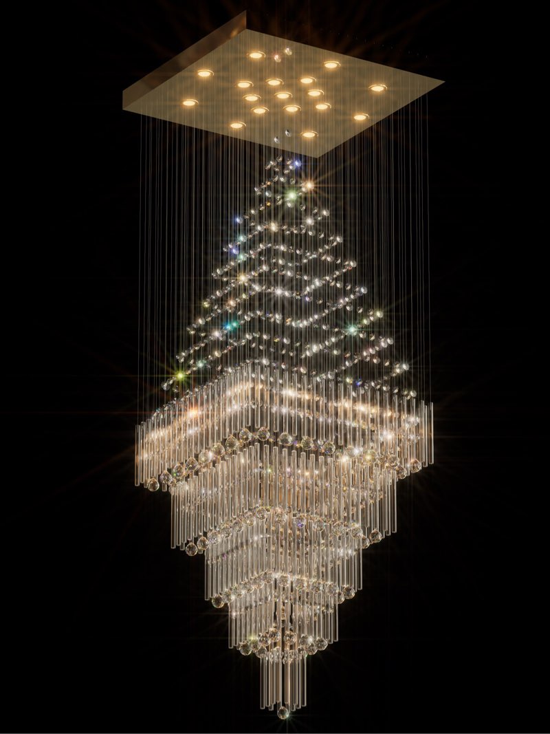 D40''x H100'' 5 Tiers Gold Crystal Raindrop Chandeliers For High Ceilings