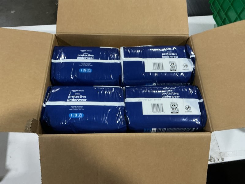 Condition photo showing New/Like New for 4 pack amazon basics unisex adult incontinence protective underwear, overnight absorbency, moisture-wicking, soft, latex free, large, 14 count large 14.0