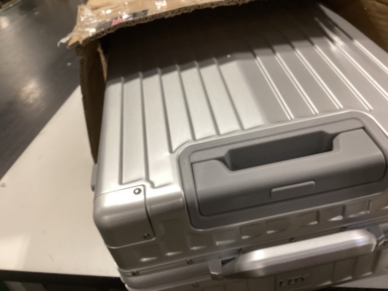 Condition photo showing New/Like New for hotway 20 inch aluminum frame carry on luggage with spinner wheels, pc hard shell suitcase with cup holder, zipperless luggage for business travel, silver silver (pc+aluminum) carry on 20inch