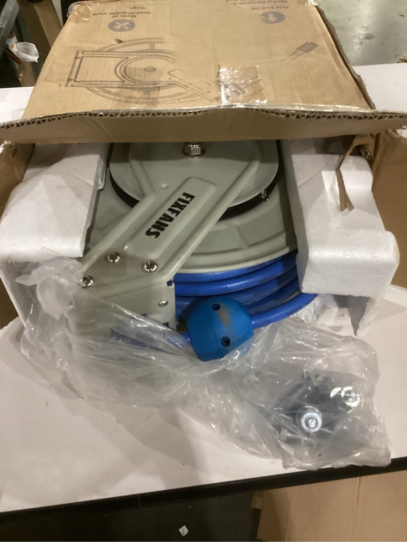 Condition photo showing As Is for pressure washer hose reel with hose, 1/4" × 60ft retractable power washer hose reel, heavy duty hose reel auto rewind, wall mounted, 3600 psi