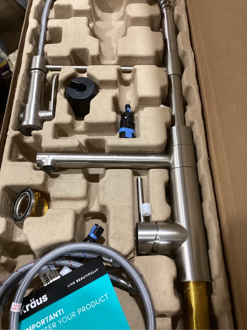 Condition photo showing As Is for KRAUS Artec Pro Commercial Style 2-Function Single Handle Pull Down Kitchen Faucet with Pot Filler in Spot-Free Stainless Steel, KPF-1605SFS 3rd Gen Pull Down Faucet Spot Free Stainless Steel