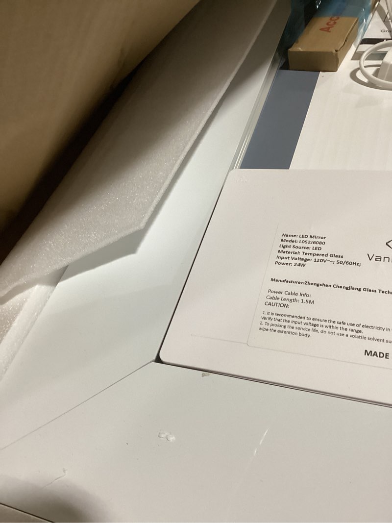 Condition photo showing Good Condition for LED Bathroom Mirror, 24x32 Inch Gradient Front and Backlit LED Mirror for Bathroom, 3 Colors Dimmable CRI>90 Double Lights, IP54 Enhanced Anti-Fog, Hanging Plates Vanity Mirror with Lights Front and Backlit 32"L x 24"W