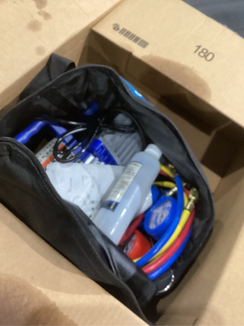 Condition photo showing As Is for VIVOHOME 110V 1/3 HP 4CFM Single Stage Rotary Vane Air Vacuum Pump and R134a AC Manifold Gauge Set Kit with Leak Detector Carry Bag for HVAC Air Conditioning Refrigeration Recharging ETL Listed blue 4CFM