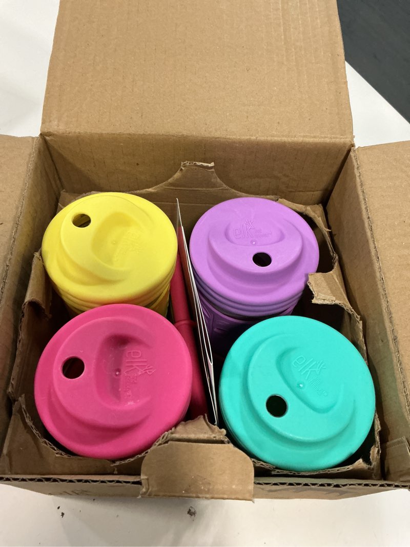 Condition photo showing Good Condition for elk and friends kids + toddler glass cups | the original 8oz glass mason jar with sleeves + lids | silicone straws + stopper | smoothie cup | food storage | spill resistant | dishwasher safe | 4 pack purple/pink/teal/yellow 4 pack