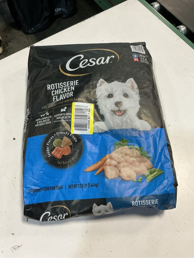 Condition photo showing New/Like New for (best by date (5/21/26) cesar small breed dry dog food for small dogs, rotisserie chicken flavor and spring vegetables garnish, 12 lb bag chicken 12 pound (pack of 1)