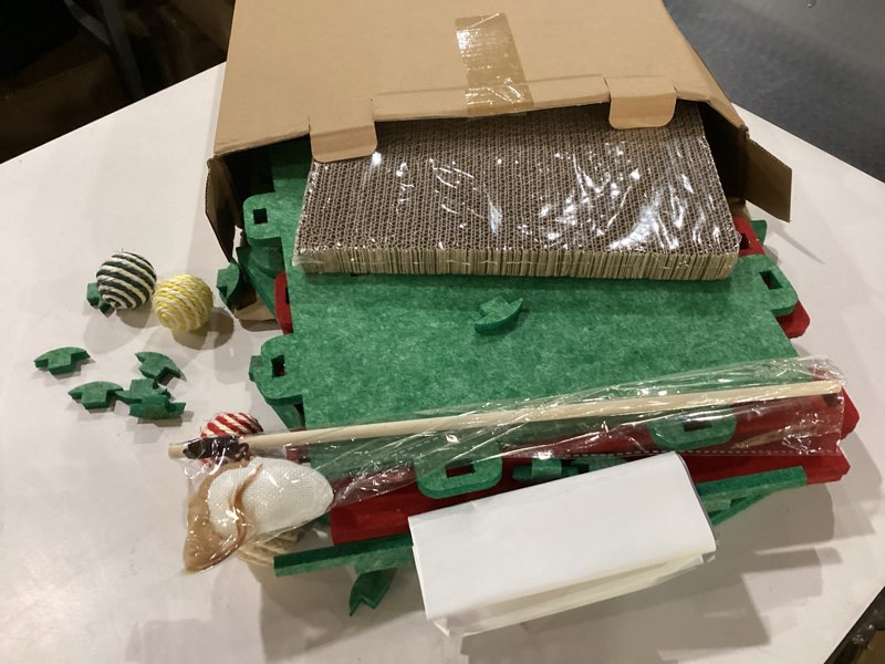 Condition photo showing New/Like New for KAQJW Christmas Detachable Felt Cat Bed Condo Shelter House for Indoor Use - Easy to Assemble, Durable and Warm Funnest - Cozy Shelter with Built-in Scratching Board and Bonus Cat Toys XMAS-HOUSE