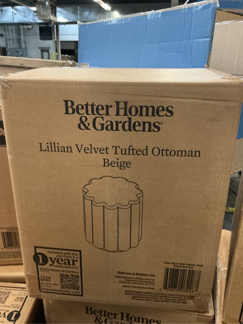 Condition photo showing New/Like New for better homes & gardens lillian velvet tufted ottoman, beige