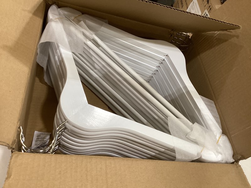 Condition photo showing New/Like New for house day white wooden hangers 20 pack, solid wood hanger with non slip pant bar, heavy duty wooden coat hanger for closet, smooth finish wood clothes hangers for shirts, suits jackets, dress 20 pack white