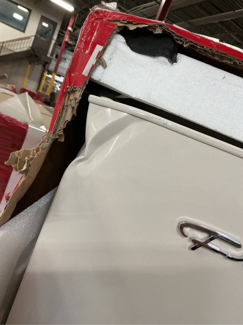 Condition photo showing As Is for Frigidaire EFR753 Retro Apartment Size Refrigerator with Top Freezer - 2 Door Fridge with 7.5 Cu Ft of Storage Capacity, Adjustable Spill-Proof Shelves, Door & Crisper Bins, CREAM