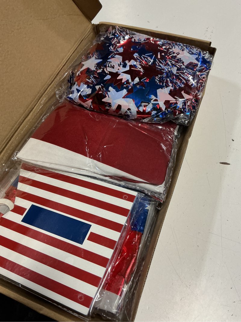Condition photo showing Good Condition for 4th of july golf cart & parade float decorations kit, independence day decor with pleated bunting, fringe curtain, star garland, paper fans,1776-2026 banner & balloons for america 250 memorial day