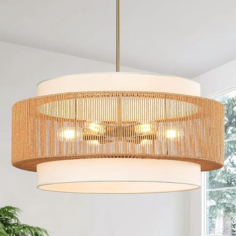 25.6" large rattan chandelier, 6-light boho pendant light with fabric shade, farmhouse rattan hangin
