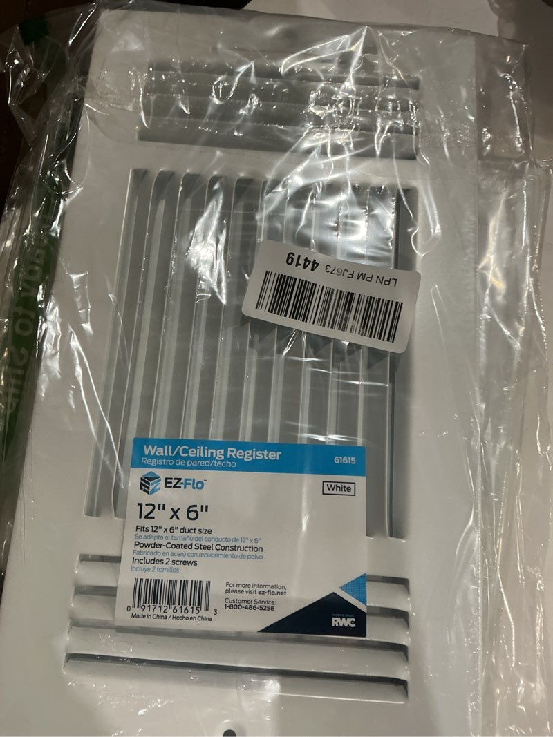 Condition photo showing Good Condition for ez-flo 12 x 6 inch (duct opening) air vent cover for wall or ceiling, three-way ventilation register, solid steel hvac register cover, white, 61615 12 in. x 6 in. white