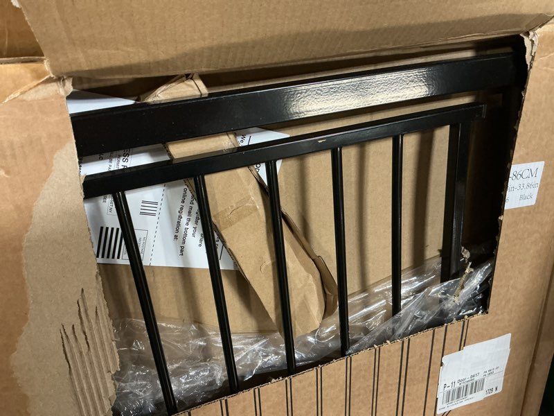 Condition photo showing Good Condition for fairy baby walk through black baby gate 29-34 inch wide for stairs, pressure mounted safety gate with door no drill, tension metal gate for dog and toddler gate: 29-34 inch