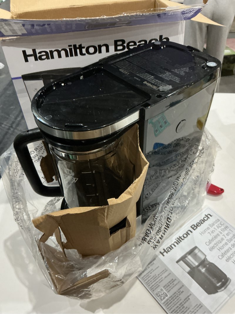Condition photo showing Good Condition for Hamilton Beach Home Barista 7-in-1 Small Coffee Maker with Seven Ways to Brew, 6 Cup Carafe, Drip, Single Serve, French Press, Pour Over, Cold Brew, Easy-Fill Reservoir, Black (46251)
