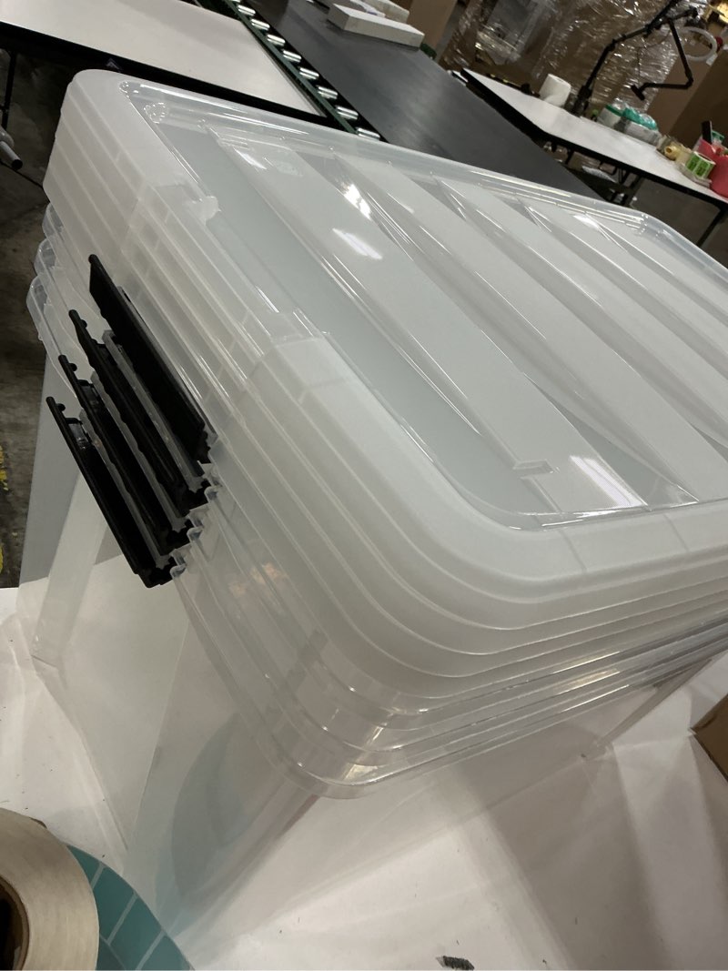 Condition photo showing New/Like New for IRIS USA 72 QT Plastic Storage Box with Lid and Latches - 4 Pack - BPA-Free, See-Through Organizing Solution, Durable Nestable Stackable Containers, Secure Pull Handle - Clear Clear 72 Qt 4 Pack