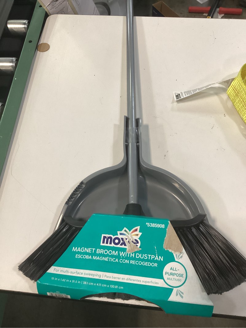 Condition photo showing As Is for moxie 8-in plastic multi-surface angle with dustpan upright broom