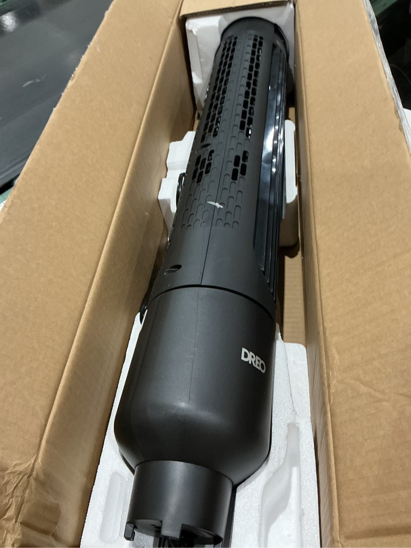 Condition photo showing As Is for dreo tower fan for bedroom, 90° oscillating standing fans for room with 4 speeds, 3 modes, 28db quiet for sleep, 25ft/s velocity, 8h timer, remote, living room, office, home, black