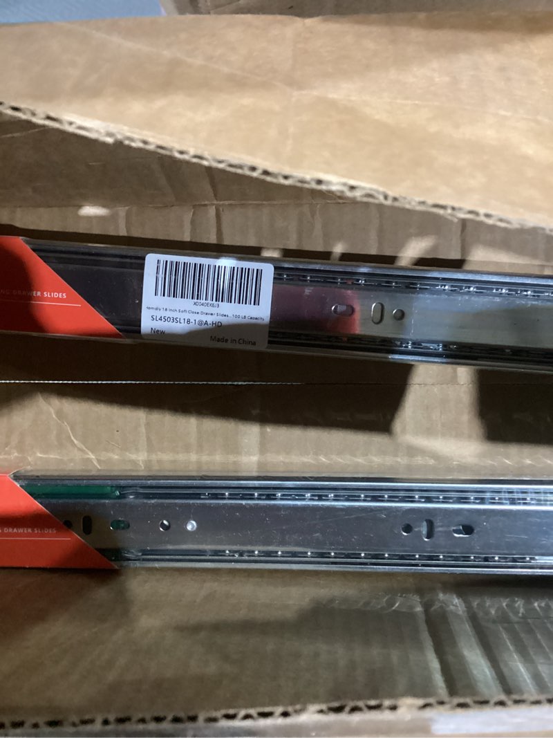 Condition photo showing New/Like New for homdiy 18 Inch Soft Close Drawer Slides 1 Pair Heavy Duty Side Mount Dresser Cabinet Rails Metal Ball Bearing and Full Extension Kitchen Cabinet Drawer Runners 100 LB Capacity 18 Inch 1 Pair