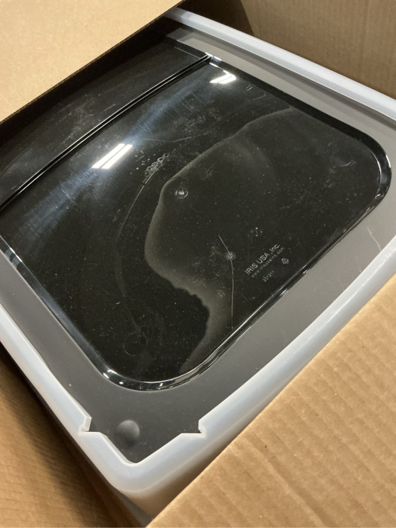 Condition photo showing As Is for iris usa cat litter box xx-large open top with high sided walls tall scatter shield scoop included easy clean plastic pan for big cats kittens multi-cat households 30"l x 20"w x 14"h black xxl black