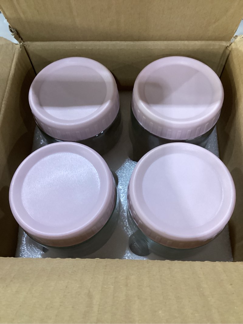 Condition photo showing New/Like New for showin overnight oats containers with lids, 16oz glass jars with lids 4 pcs, pink, wide mouth mason jars for salad, yogurt, snacks, meal prep pink 16oz-4pc