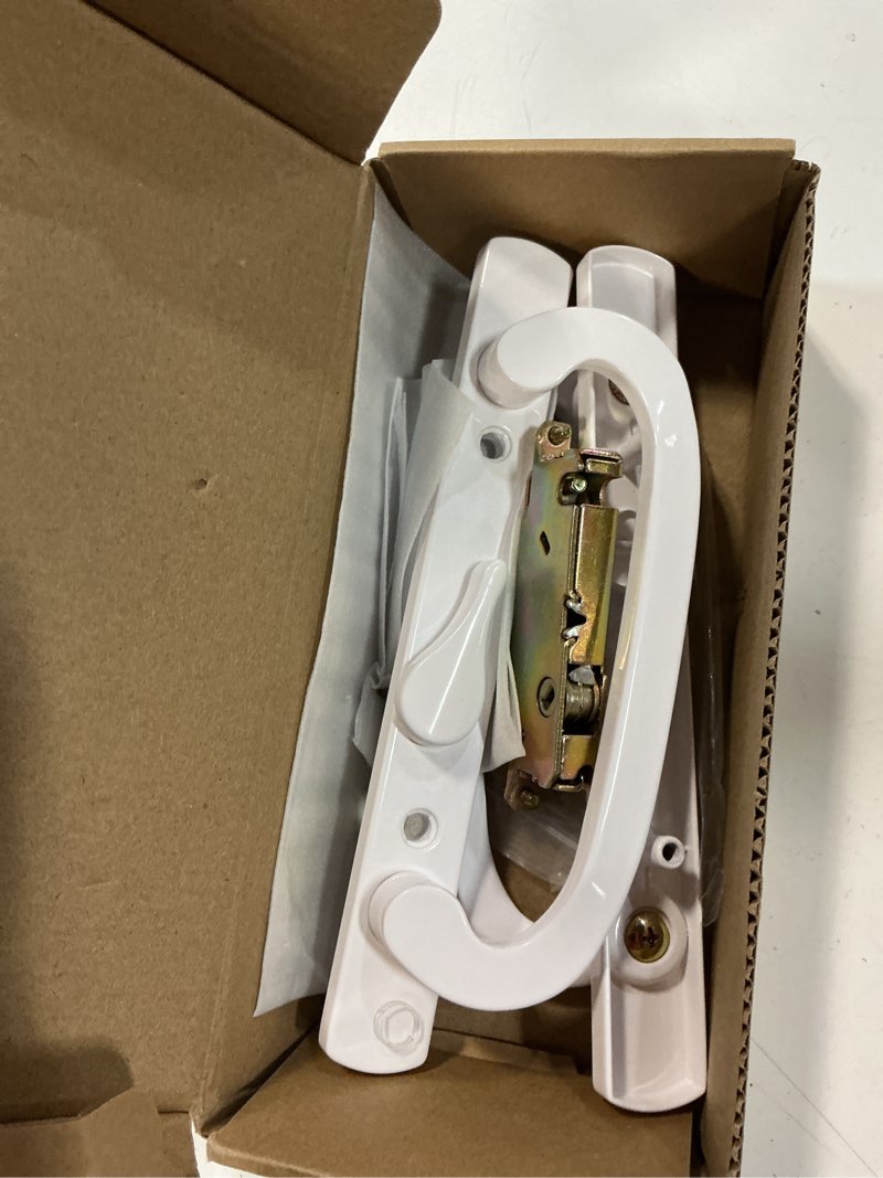 Condition photo showing As Is for aceplanet offset position non-keyed sliding patio door handleset with mortise lock, 45° keyway, 3-15/16" h.c., fits 1-3/8" to 2-1/4" thick doors, no-handed, white diecast non-keyed 3-15/16" offset
