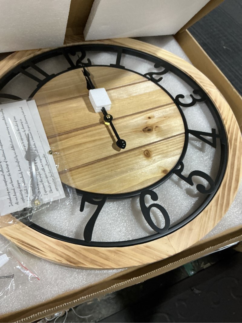 Condition photo showing Good Condition for leike 20 inch large wall clock - rustic wooden silent non-ticking wall clock with black metal frame, vintage farmhouse decorative for living room, bedroom, kitchen - arabic numerals, modern design 20 inch arabic numerals