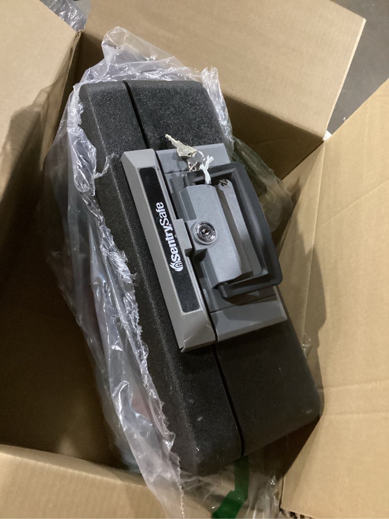 Condition photo showing Good Condition for sentrysafe fireproof and waterproof safe, black portable lock box with key lock and carrying handle for money, passport, exterior: 14.3 in w x 13 in d x 6.1 in h, ?h0100