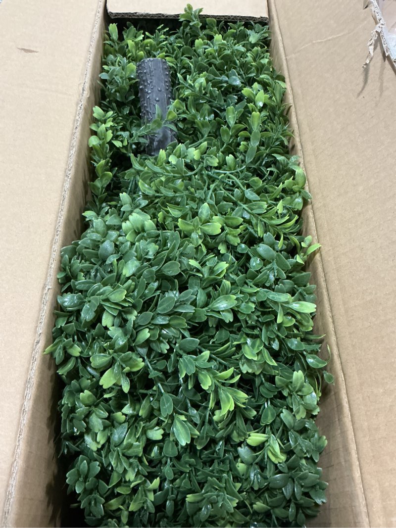 Condition photo showing Good Condition for 2 Pcs Artificial Boxwood Topiary Ball Bush 26" Tree UV Resistant with Spike Easy to Push in The Ground Fake Boxwood Plants Faux Greenery Shrubs for Indoor Outdoor Home Garden (Dark Green)