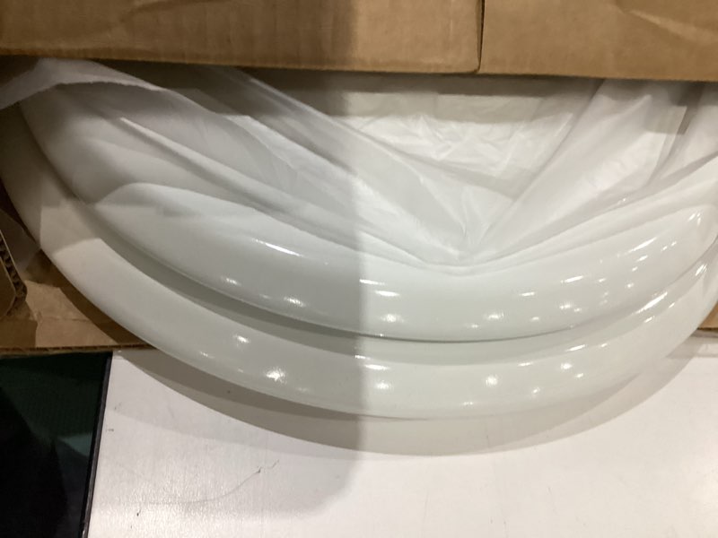 Condition photo showing New/Like New for Mayfair Bennett Toilet Seat with Brushed Nickel Hinges, Slow Close Wood Seat, Secure Metal Hinges, Easy Install, Made in USA, Round, White Round Brushed Nickel