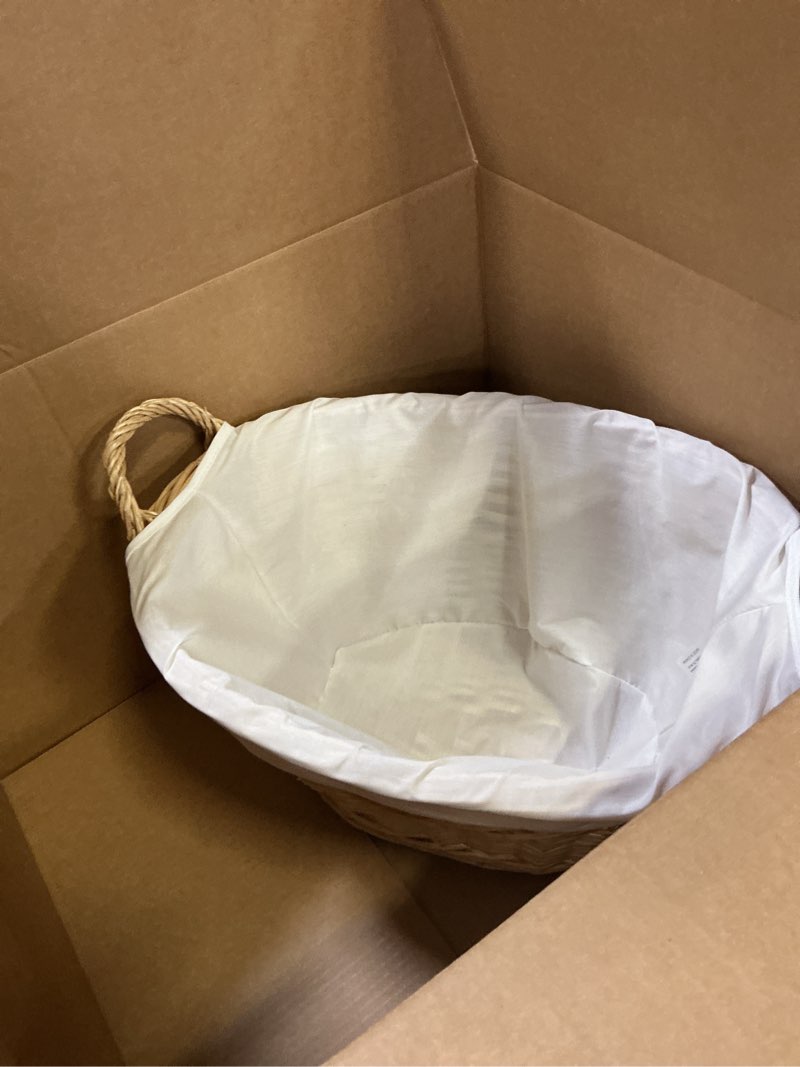 Condition photo showing As Is for household essentials wicker laundry basket with handles, handwoven willow, removable and washable liner, great for carrying laundry or storing linens natural wicker