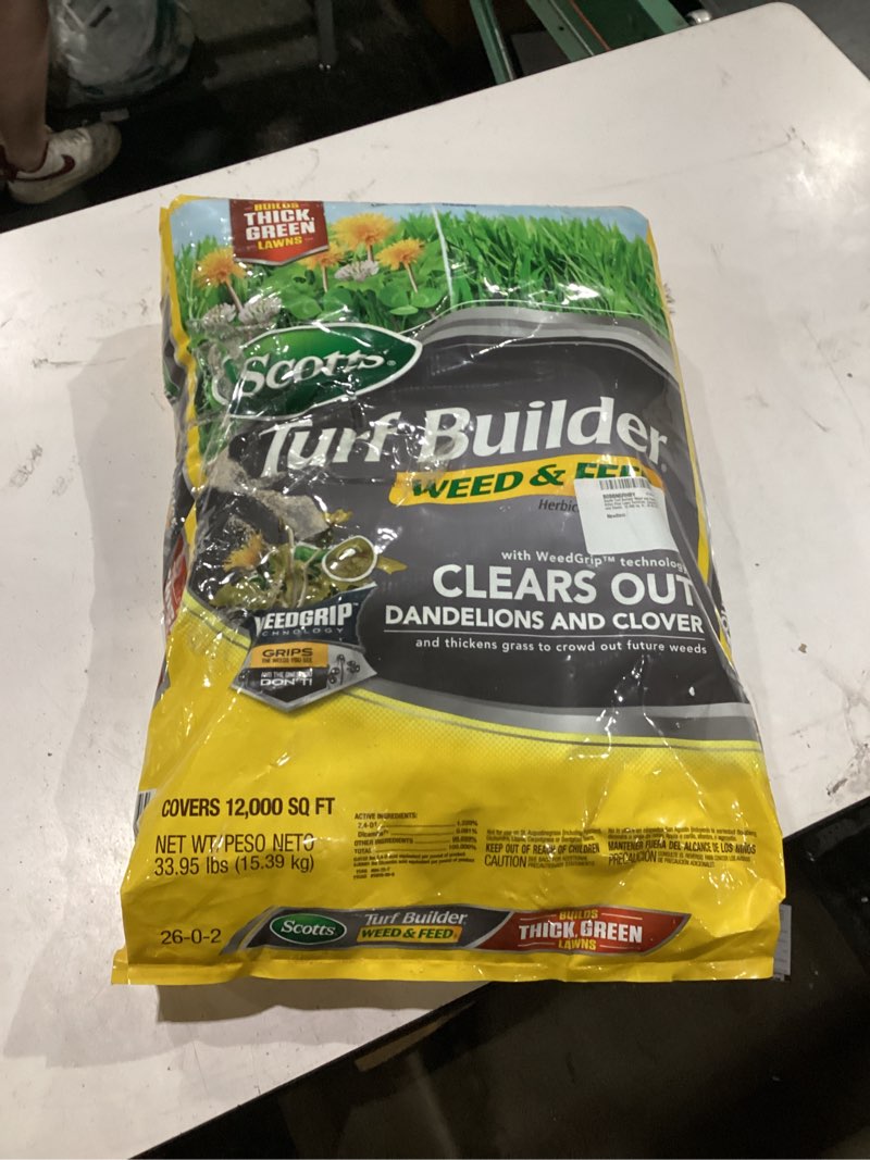 Condition photo showing Good Condition for scotts turf builder weed and feed5 - weed killer plus lawn fertilizer, lawn weed killer, controls dandelion and clover, grass fertilizer for up to 12,000 sq. ft., 33.95 lb.