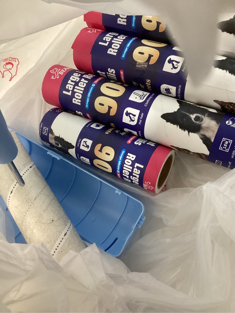 Condition photo showing As Is for large lint roller for pet hair extra sticky,10 years lifespan,9.45''/6.3\\\" pet hair removal tool roller for dog cat hair,450 sheets/5 refills,detachable telescoping extension large lint roller 1 roller+3long rolls 1 short roll