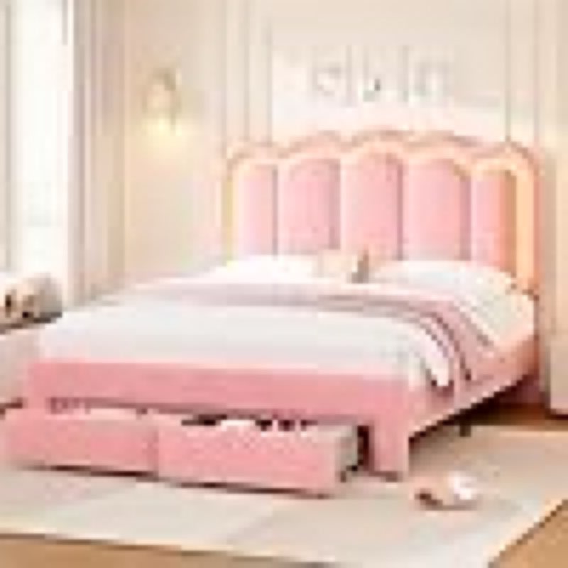 Queen Upholstered LED Bed Frame with 2 Storage Drawers and Adjustable Chic Double Wavy Headboard, Velvet Princess Platform Bed with Charing Station, Solid Wood Slats Support,No Box Spring Needed, Pink