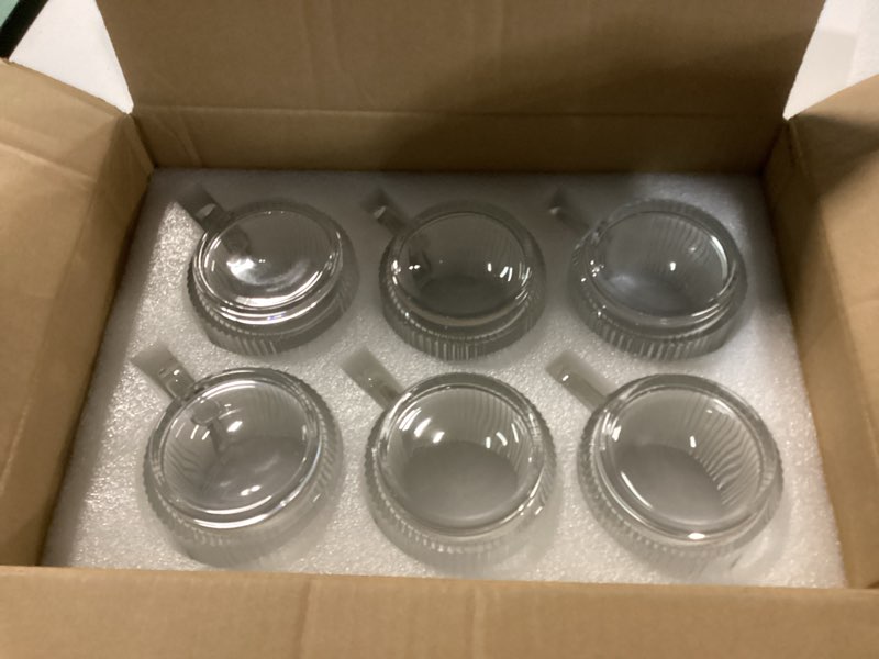 Condition photo showing New/Like New for 6 PACK Premium Glass Coffee Mugs with Handle, 12 OZ Classic Vertical Stripes Glass Coffee Cups, Transparent Tea Cup for Hot/Cold Beverages, Glassware Set for Americano, Latte, Cappuccino