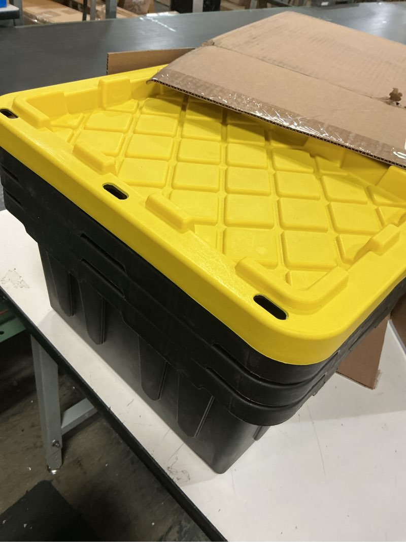 Condition photo showing Good Condition for plastic 5-gallon storage tote with lockable lid, stackable tough regular-duty bin for garage, tools, 3 pack 