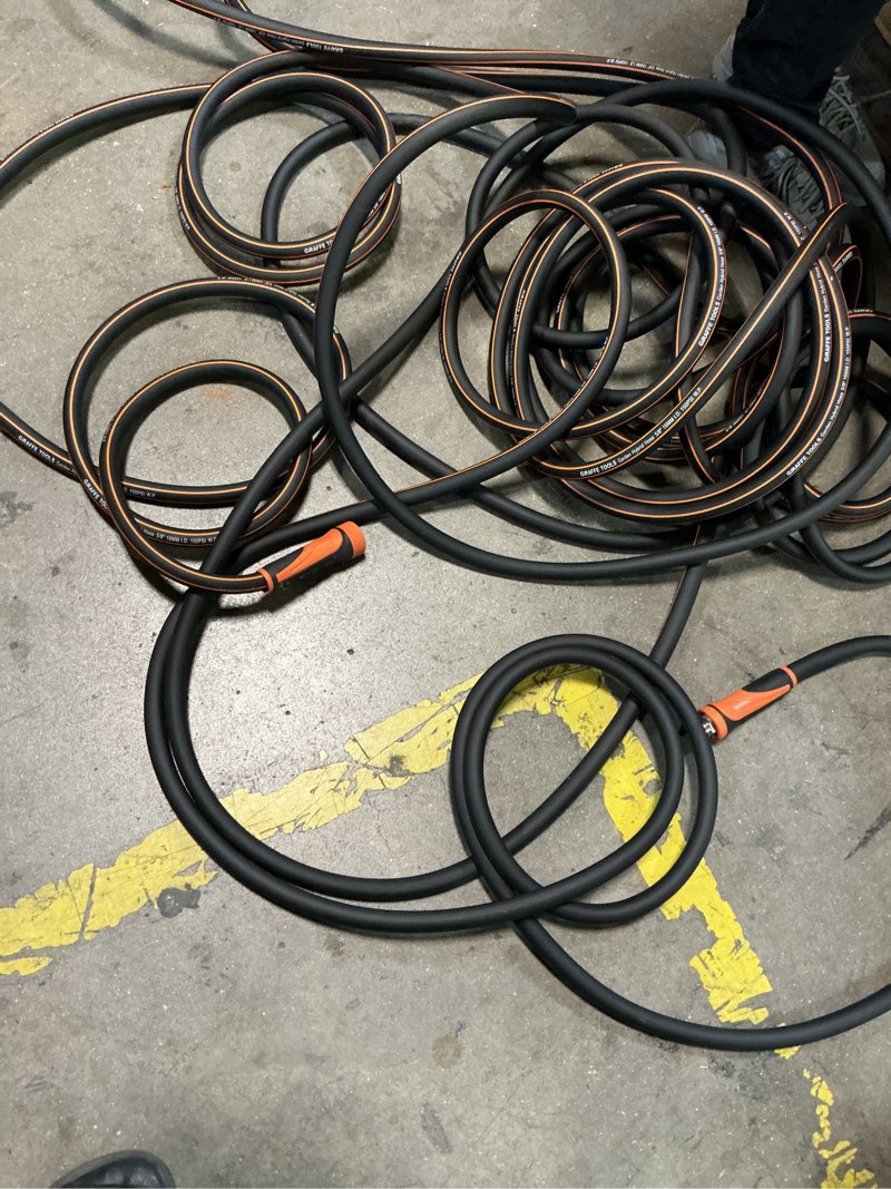 Condition photo showing As Is for giraffe tools garden hose 5/8", water hose heavy duty, flexible, lightweight hybrid hose with swivel handle, 100ft male to female fittings, burst 600 psi