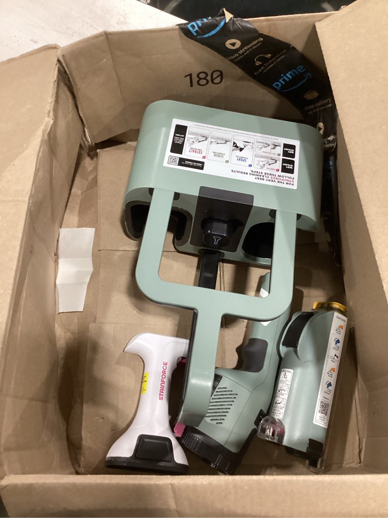 Condition photo showing As Is for shark stainforce cordless portable spot, stain, & odor remover system for carpets, area rugs, upholstery, stairs, with storage caddy, accessories, and full-size cleaning solution, hx101 (new) stainforce cordless stain system