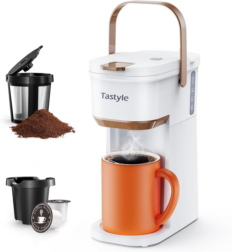 Single Serve One Cup Coffee Maker, for K Cups and Grounds, Mini Coffee Maker with Portable Handle, 6 to 12 Oz Brew Size, for Travel, Camping, Office, RV and Dorm, White and Gold